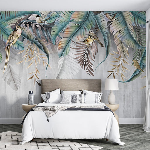 Tropical plant leaf mural wallpaper | Flowers, birds, and green plants - Carving wallpaper