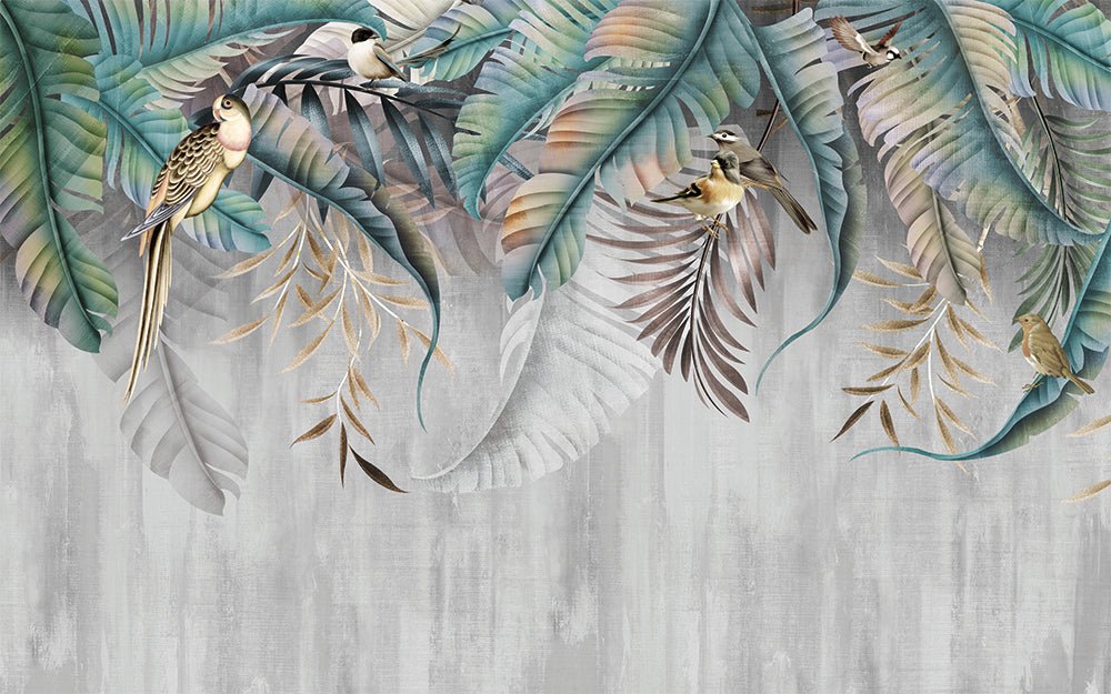Tropical plant leaf mural wallpaper | Flowers, birds, and green plants - Carving wallpaper