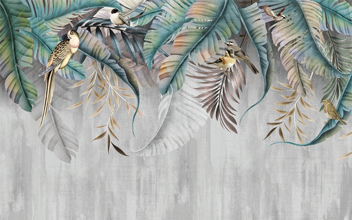 Tropical plant leaf mural wallpaper | Flowers, birds, and green plants - Carving wallpaper