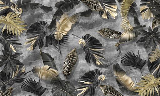 Tropical plant wallpaper mural | black and gold tropical plant leaves - Carving wallpaper