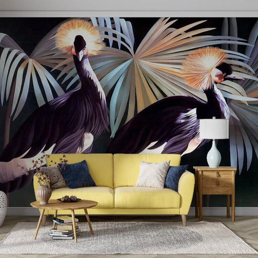 Tropical plant wallpaper mural | Black background tropical birds and plants - Carving wallpaper