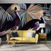 Tropical plant wallpaper mural | Black background tropical birds and plants - Carving wallpaper