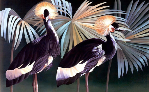 Tropical plant wallpaper mural | Black background tropical birds and plants - Carving wallpaper