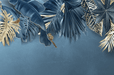 Tropical Plant Wallpaper Mural | Blue Gold Palm Leaves - Carving wallpaper