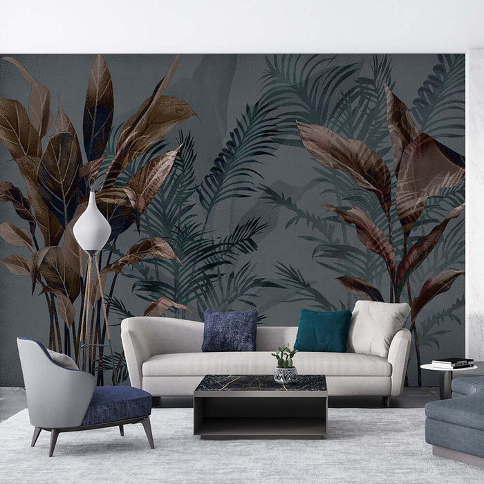 Tropical plant wallpaper mural | Brown green leaves - dark gray background creates a forest style secret realm in living room and bedroom