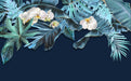 Tropical plant wallpaper mural | Deep blue background with leaf flowers - Carving wallpaper