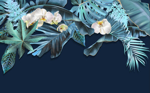Tropical plant wallpaper mural | Deep blue background with leaf flowers - Carving wallpaper