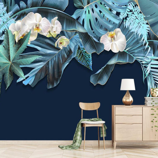 Tropical plant wallpaper mural | Deep blue background with leaf flowers - Carving wallpaper
