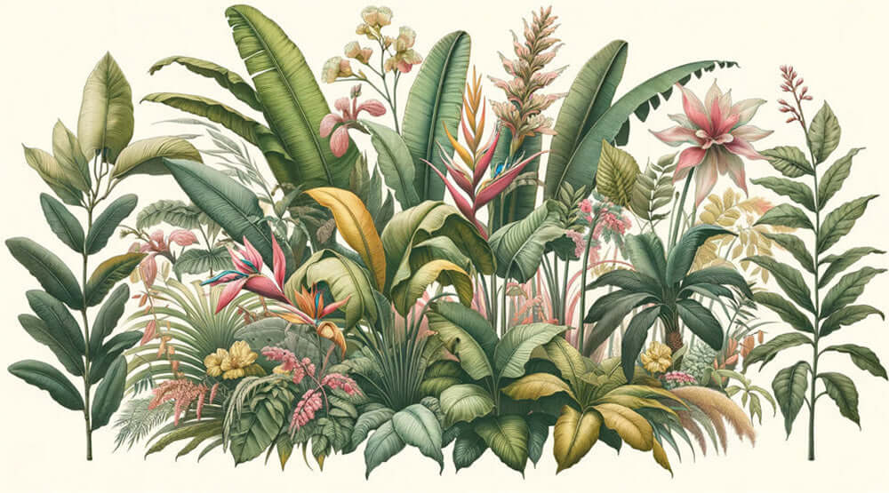 Tropical plant wallpaper mural | Living room bedroom decorative wall - Retro Jungle Secret Realm Dream with hand drawn tropical plants and retro elements