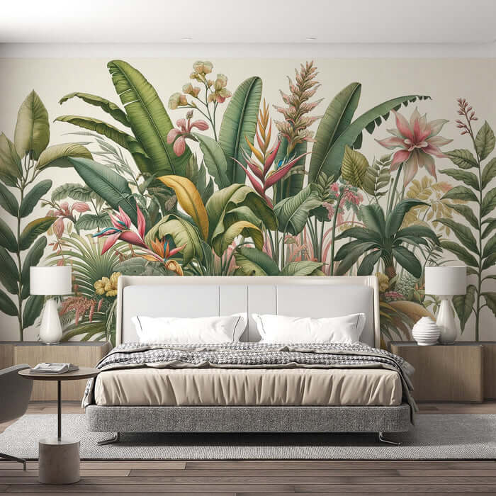 Tropical plant wallpaper mural | Living room bedroom decorative wall - Retro Jungle Secret Realm Dream with hand drawn tropical plants, transforming your space