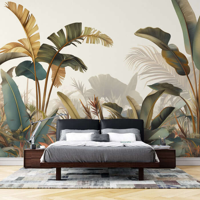 Tropical plant wallpaper mural | Living room bedroom natural style decorative wall with lush tropical plants and retro colors