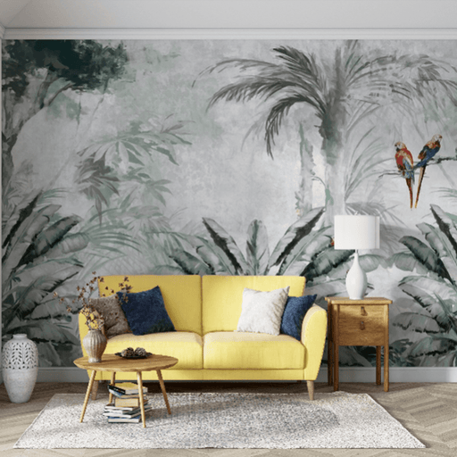 Tropical plant wallpaper mural | with parrot wallpaper full of natural wild interest - Carving wallpaper