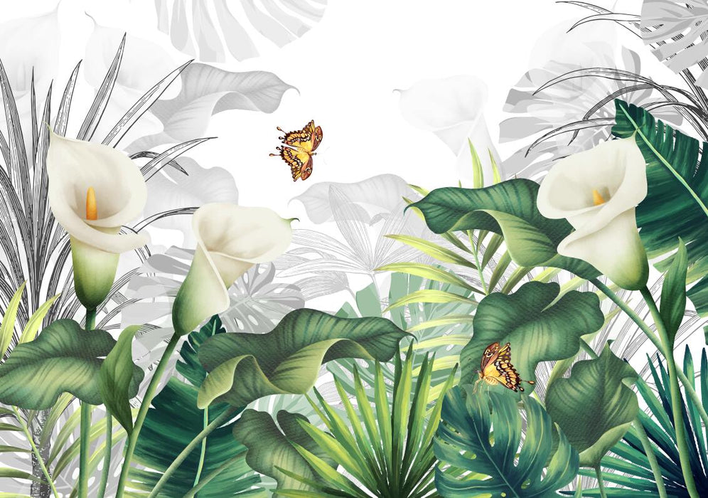 Tropical plant wind wallpaper mural | calla lotus butterfly mural - Carving wallpaper