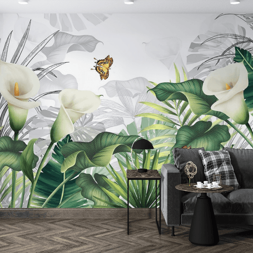 Tropical plant wind wallpaper mural | calla lotus butterfly mural - Carving wallpaper