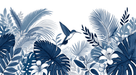 Tropical Plants and Hummingbird Wallpaper Mural | Blue and White Colors - lush blue tropical leaves, hibiscus and palm fronds with a hummingbird in flight, blue-white color palette