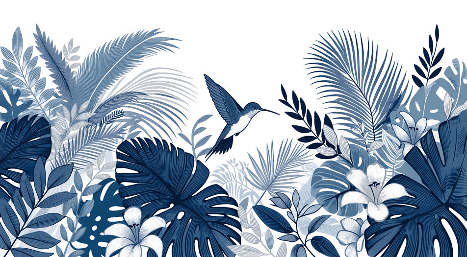 Tropical Plants and Hummingbird Wallpaper Mural | Blue and White Colors - lush blue tropical leaves, hibiscus and palm fronds with a hummingbird in flight, blue-white color palette