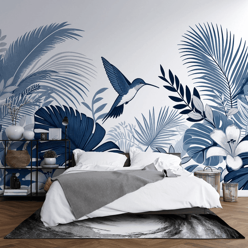 Tropical Plants and Hummingbird Wallpaper Mural | Blue and White Colors - blue-toned tropical leaves with hummingbird mural for bedroom decor