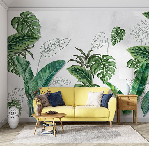 Tropical plants wallpaper mural | Emerald green tropical plants with leaves on top of each other - Carving wallpaper