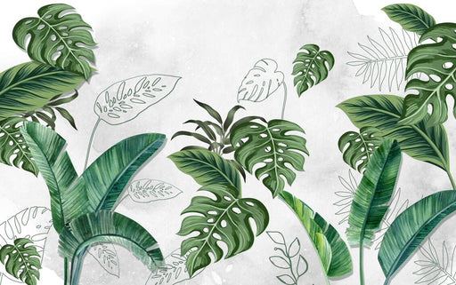Tropical plants wallpaper mural | Emerald green tropical plants with leaves on top of each other - Carving wallpaper