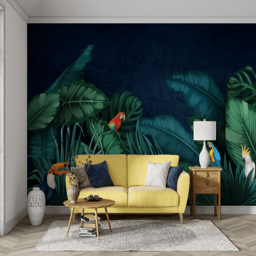 Tropical rain forest wallpaper mural | large leaf plants with colorful birds - Carving wallpaper