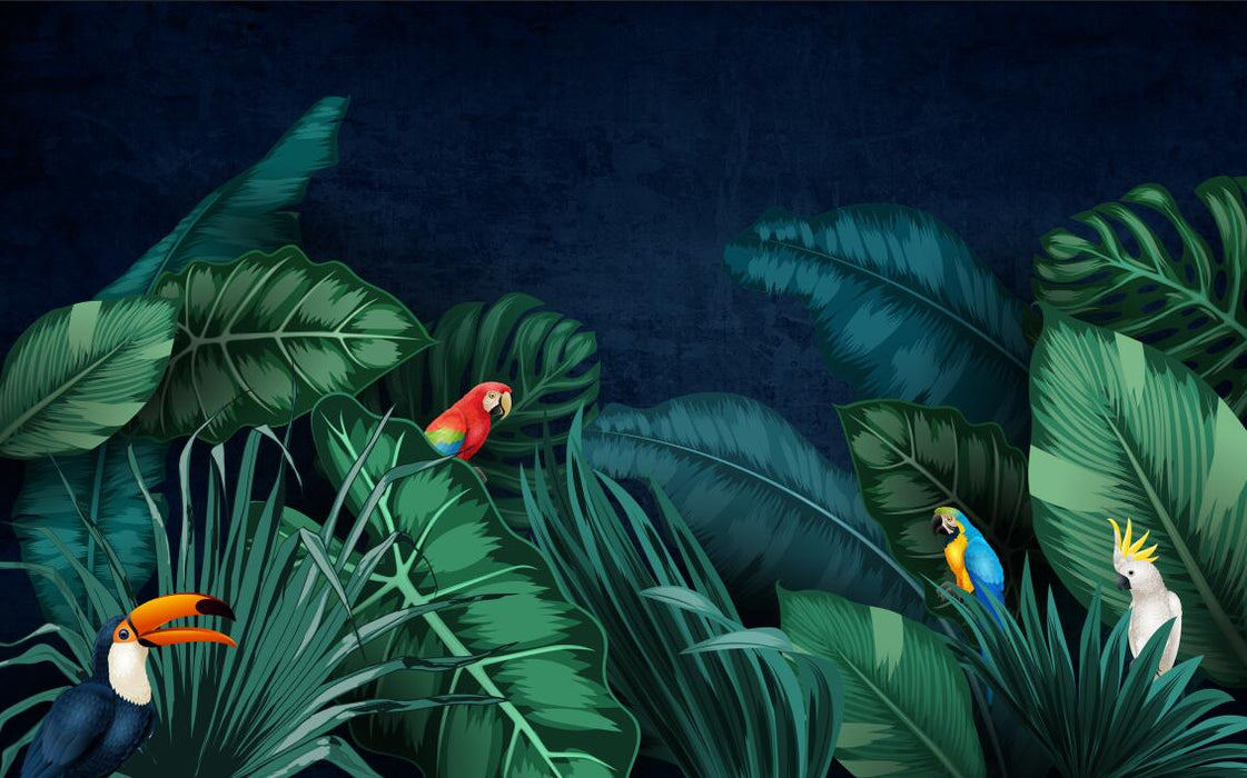 Tropical rain forest wallpaper mural | large leaf plants with colorful birds - Carving wallpaper