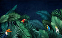 Tropical rain forest wallpaper mural | large leaf plants with colorful birds - Carving wallpaper