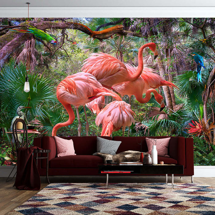Tropical Rainforest Flamingo Wallpaper | Forest Animal Mural - vibrant pink flamingos amid lush rainforest foliage backdrop