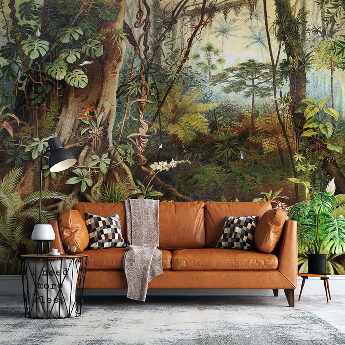 Tropical Rainforest Landscape Wallpaper Mural | Retro Jungle: Hand-painted jungle scene mural featuring vines, ferns, orchids, and lush tropical plants in a cozy living room