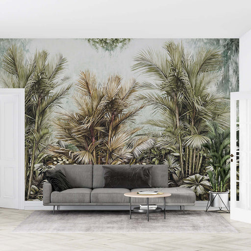 Tropical Rainforest Wallpaper Mural | Art Jungle Design - immersive hand drawn jungle ecology wallpaper with lush palm leaves and ferns for a rainforest-inspired living room