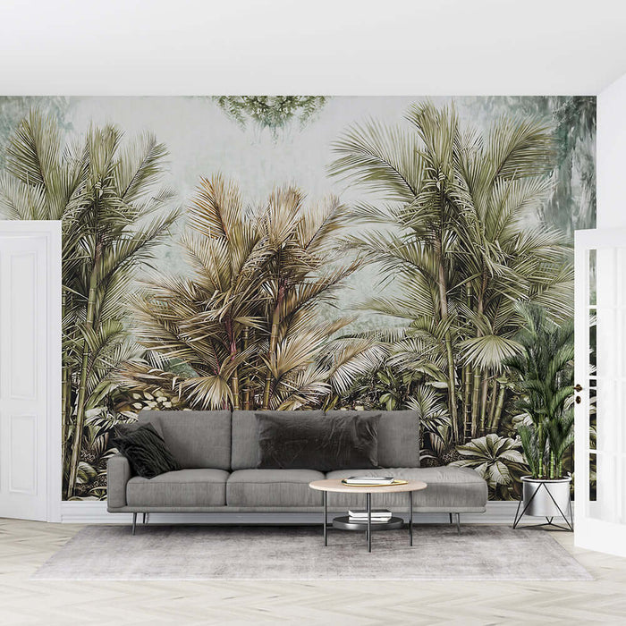 Tropical Rainforest Wallpaper Mural | Art Jungle Design - immersive hand drawn jungle ecology wallpaper with lush palm leaves and ferns for a rainforest-inspired living room