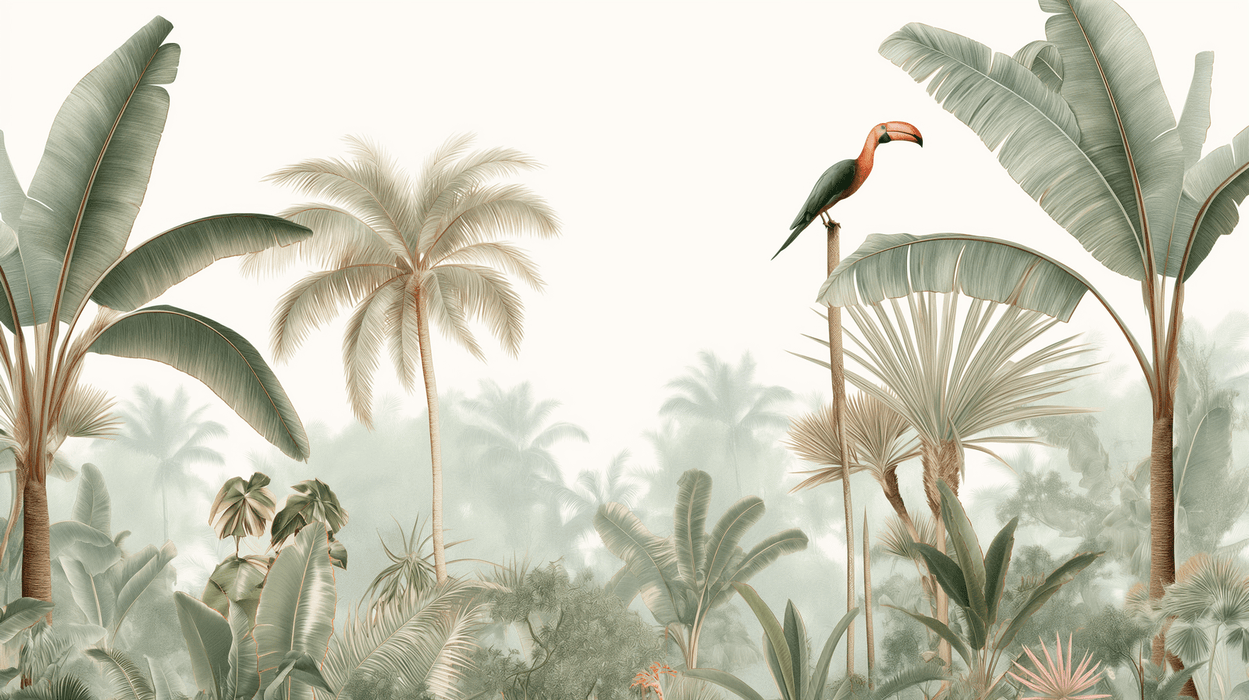 Tropical Rainforest Wallpaper Mural | toucans, banana leaves, palm trees - Carving wallpaper