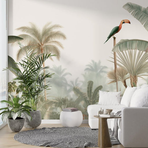 Tropical Rainforest Wallpaper Mural | toucans, banana leaves, palm trees - Carving wallpaper