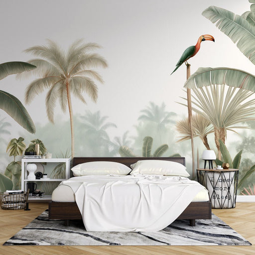 Tropical Rainforest Wallpaper Mural | toucans, banana leaves, palm trees - Carving wallpaper