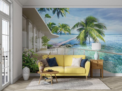 Tropical Sea View Wallpaper Mural | Coconut Grove and Blue Sea - Carving wallpaper