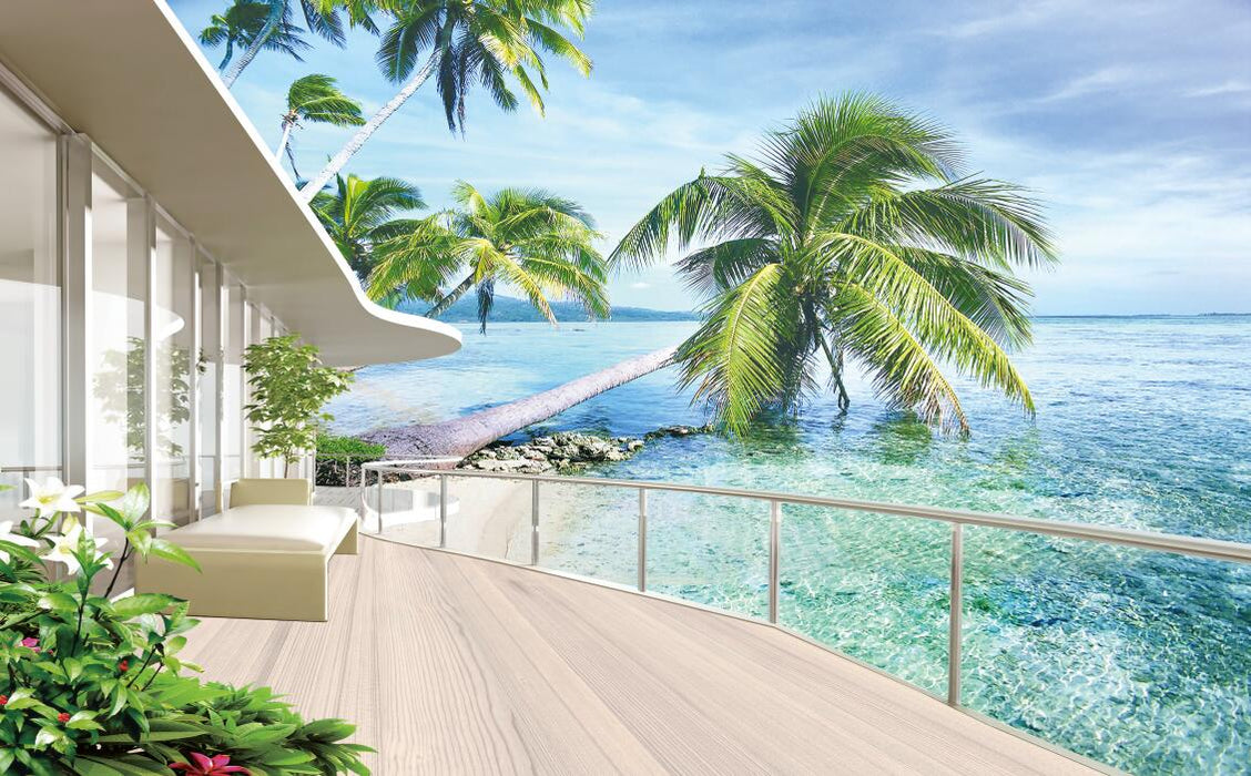 Tropical Sea View Wallpaper Mural | Coconut Grove and Blue Sea - Carving wallpaper