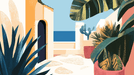 Tropical Seaside Illustration Wallpaper Mural | Sea View Plants - Carving wallpaper