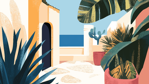 Tropical Seaside Illustration Wallpaper Mural | Sea View Plants - Carving wallpaper