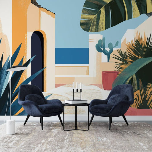 Tropical Seaside Illustration Wallpaper Mural | Sea View Plants - Carving wallpaper
