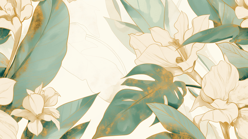 Tropical Wallpaper Mural | Green Leaves and Golden Flowers - Carving wallpaper