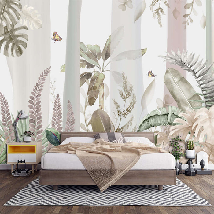 Tropical green plant wallpaper | Natural decoration painting for bedroom and living room featuring rainforest greenery and butterfly elements for a forest-style, elegant home