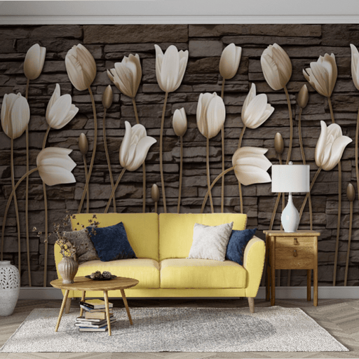 Tulip wallpaper mural | antique wood background - Carving wallpaper