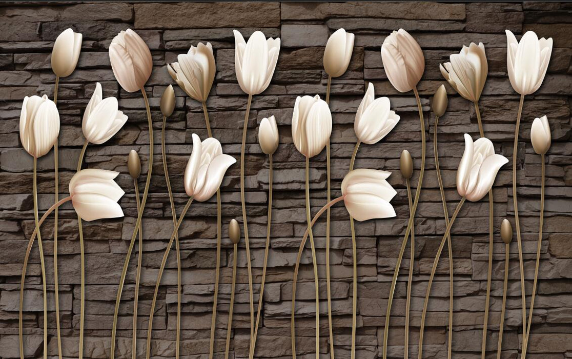 Tulip wallpaper mural | antique wood background - Carving wallpaper
