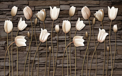 Tulip wallpaper mural | antique wood background - Carving wallpaper