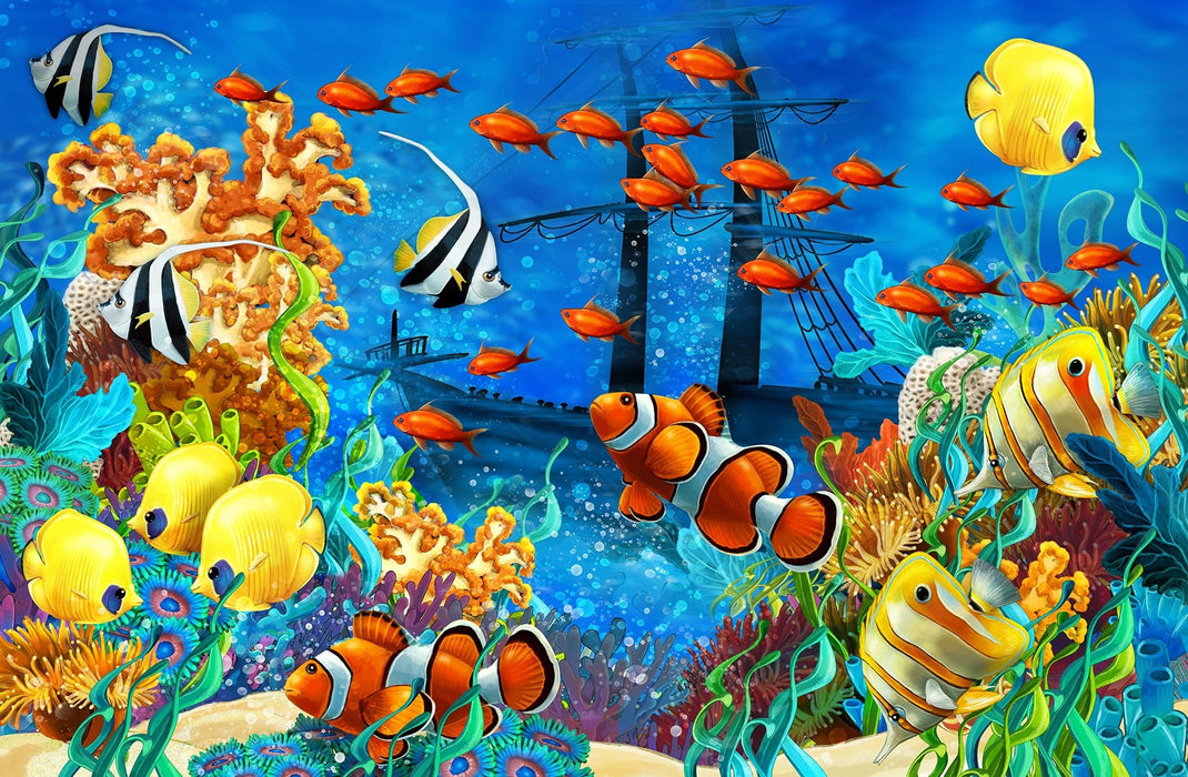 Underwater World Cartoon Wallpaper Mural | Marine Life, Children's Room - Carving wallpaper