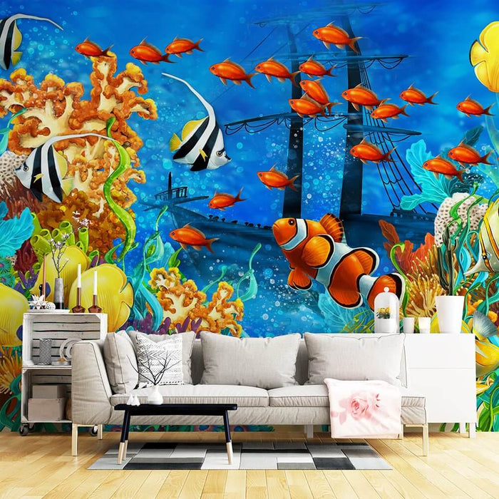 Underwater World Cartoon Wallpaper Mural – Vibrant Marine Life Kids Room Decor