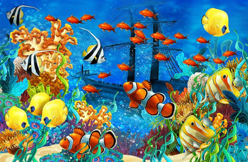 Underwater World Cartoon Wallpaper Mural – Vibrant Marine Life Kids Room Decor