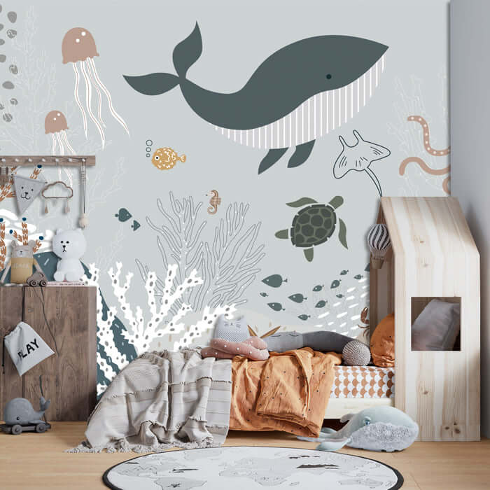 Underwater World Wallpaper | Children's Room Bedroom Ocean Style Decorative Painting — playful marine life mural featuring whale, turtles, jellyfish for a cozy kids' room