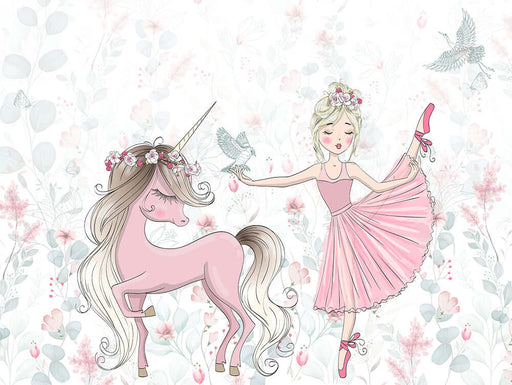 Unicorn Ballet Girl Wallpaper Mural | Princess Style Nursery Decor | Dreamy Kids Room Wall Design