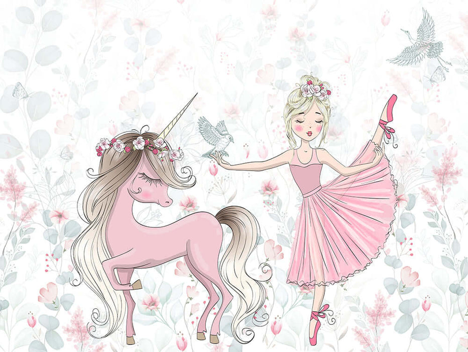 Unicorn Ballet Girl Wallpaper Mural | Princess Style Nursery Decor | Dreamy Kids Room Wall Design
