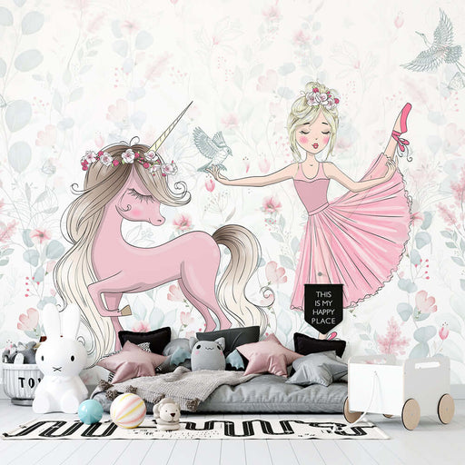 Unicorn Ballet Girl Wallpaper Mural | Princess Style Nursery Decor | Dreamy Kids Room Wall Design
